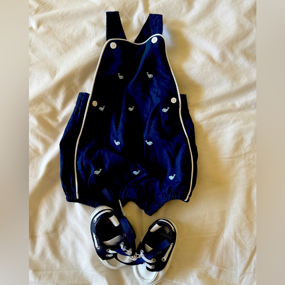 NWT Janie & Jack Navy Blue Baby Overalls with Whale Embroidery and shoes